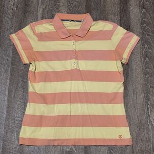 IZOD Women's Short Sleeve Yellow Peach Striped Polo Golf Shirt Size Large